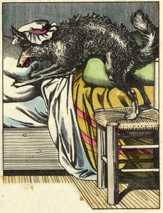 Forkledningsulven tar bestemors plass i sengen. Illustrasjon av historien "Den lille rødhette" av Charles Perrault av Unknown artist