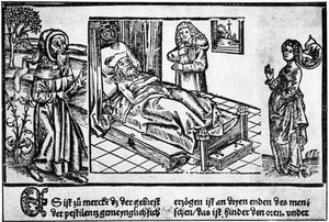 Legen i sengen til pestiferéen, tregravering av "Liber pestilentialis" av Jérôme Brunschwig, Strasbourg av Unknown artist