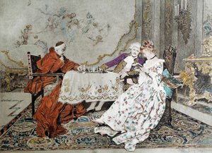Den doble delen En kardinal kjemper i et sjakkspill mot en ung mann og engasjerer seg i et forførelsesspill med en ung kvinne i nærheten av seg. Illustrasjon av 1800-tallet. Paris, dekorativ kunst av Unknown artist