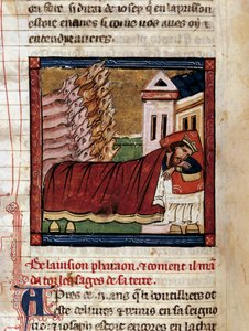 Drømmen til faraos konge av Egypt: synet om de syv magre kyrne og de syv fete kyrne, tilsvarende syv år med mat og syv år med overflod. Miniatyr fra manuskriptet "" Universal History""" ca. 1200-tallet. Kommunal lib av Unknown artist