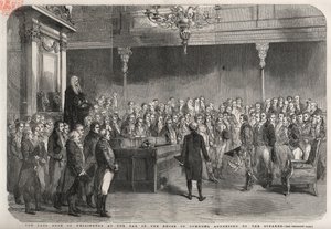 Hertugen av Wellington (Arthur Wellesley (1769-1852) (hertug av Wellington) står ved baren i Underhuset for å motta gratulasjonene fra speakeren med seieren i Vimeiro, halvøykrigen av Unknown artist
