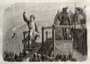 Henrettelsen av Conradin (eller Conrad av Hohenstaufen) konge av Sicilia og hertug av Schwaben (1252-1268) etter ordre fra Karl av Anjou etter slaget ved Tagliacozzo i 1268» (henrettelse av Conradin (eller Conrad den yngre), siste Staufer-konge av Sicilia, av Unknown artist