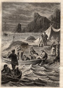 Ekspedisjonen til de sørlige landene (1800-1803) av Nicolas Baudin (1754-1803): de syke av skjørbuk ble fraktet i land i Bay of Adventure (Tasmania, Australia) - illustrasjon hentet fra "The Great Mariners of the 18th century" ” av Unknown artist