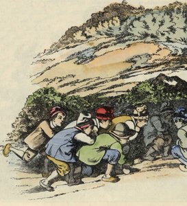 The feres of the little Poucet hide in a hollow rock to escape the ogre. Illustration of the tale “” Le Pepetit Poucet”” by Charles Perrault av Unknown artist