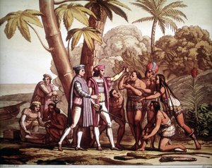 De første indianerne som dukket opp for Christopher Columbus da han kom til Amerika, - i "" Den gamle og moderne drakten"" av Jules Ferrario av Unknown artist