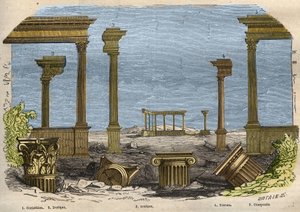 De fem ordenene av klassisk (gammel) arkitektur: korintisk, dorisk, jonisk, toskansk og kompositt, hver representert av en søyle. Gravering fra 1857 i "" Le Musee Des Sciences"" av Unknown artist