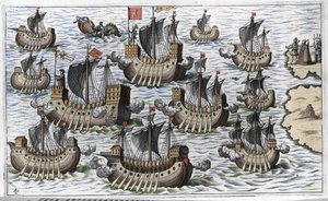 Flåten til Christopher Columbus (Cristoforo Colombo) for å erobre den nye verden - i "New Tipus After the Voyage of the New World" av Philoponus Honorius av Unknown artist