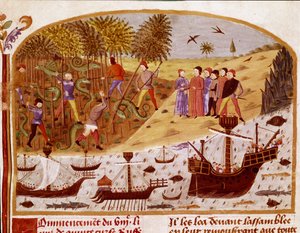 Flåten til kong Alexander den store miniatyr hentet fra "" Faktabok om Alexander den store"" av Quintus Curtius Rufus (Quinte Curce) (1. århundre), ca. 1468 - (Ms 1335) Reims, kommunalt bibliotek av Unknown artist