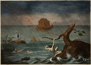 Flommen med Noahs ark i det fjerne. Anonym gravering fra midten av 1800-tallet. av Unknown artist
