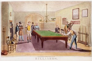 Spillet biljard Gentilmenn fra det høye engelske samfunnet som spiller biljard. Gravering fra 1827. Privat samling av Unknown artist