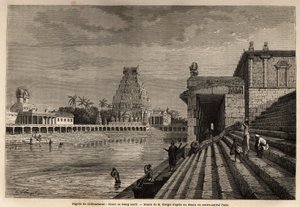 Den ghaut eller hellige dammen til Chillambaran Pagoda, som ligger ved Bengalbukta, nær Pondicherry (Pondicherry) (India); noen fideles går ned den monumentale trappen for å ta et bad eller utføre rensende vask. Gravering for å illustrere en ekspedisjon ti av Unknown artist
