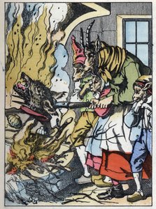 Bukken dreper ulven i skorsteinen. Illustrasjon av fortellingen "Compere le Loup, Maitre Renard, Comere la Chevre et ses petits biquets"" etter en fabel av Jean de la Fontaine. I "" Fortellinger fra hjemmet for de minste"". Anonym gravering av 19t av Unknown artist