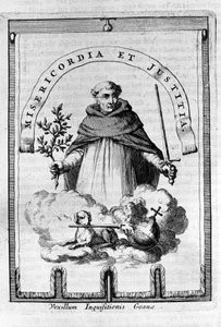 Inkvisisjonens gonfalon (gonfanon) i Goa, portugisisk koloni i India - En dominikansk representant bærer inkvisisjonens emblem: et sverd og en olivengren, symbol på straff, men også på fred og rettferdighet av Unknown artist