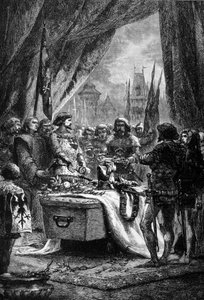Guvernøren plasserte nøklene til Chateauneuf de Randon på kisten til Bertrand Du Guesclin (1320 - 1380), en bretonsk krigsmann og en fransk patriot mot engelskmennene. Gravering fra 1800-tallet. av Unknown artist