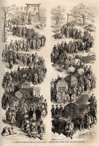 Den store prosesjonen til Mikado (keiseren av Japan), ved dairi, det gamle keiserlige slottet i Heian-kyo (Heian Kyo, dagens Kyoto) fra 794 til 1869. Gravering for å illustrere reisen til Japan i 1863-1864, av Aime Humbert, sveitserens minister av Unknown artist
