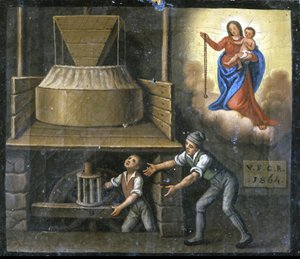 Hånden til en ung arbeider er fanget i en kvernstein. av Unknown artist