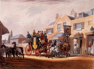 Hestestafetten av en flid under et stopp i et vertshus. Trykk fra 1800-tallets privatsamling av Unknown artist