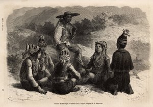 Urbefolkningen i Xieng Hong (Laos), iført tradisjonelle kostymer, over jakken, pynter en fløyelskriste med pynt, med et skjørt eller korte bukser komplett med en liten hette. Gravering for å illustrere utforskningsreisen i Indokina, f av Unknown artist