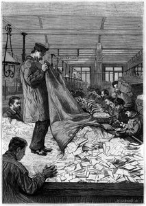 The large tables of letters in the sorting centers of the Hotel des Postes on the Rue du Louvre in Paris. Engraving in the journal “” La jeunesse”” av Unknown artist