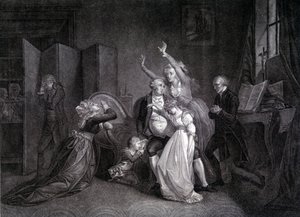 Det siste intervjuet av Louis XVI med familien hans (Marie Antoinette og Louis XVII). Gravering av 1800-tallet. av Unknown artist