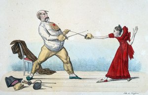 Lærdommen om fekting: hvordan rette opp størrelsen på unge mennesker og forhindre ulykker - 1800-tallet, Musee Carnavalet. av Unknown artist