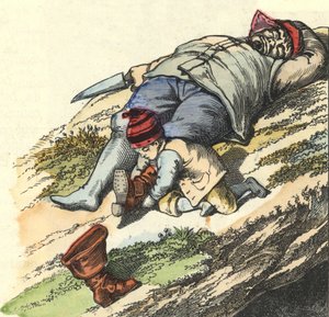 Den lille pungen stjeler støvlene fra 7 steder fra den sovende trollet. Illustrasjon av historien "" Le Petit Poucet"" av Charles Perrault av Unknown artist