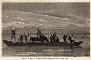 De lange kanoene til Bambaras ved Niger-elven, manøvrert med lange sitteplasser, kan frakte flere mennesker og til og med storfe eller hester. Gravering for å illustrere reisen til Vest-Sudan til løytnant (Marine) M. Mage, i 1863-1866, publisert i "Le tour av Unknown artist
