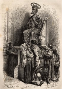 Den nedre foten av bronsestatuen av St. Peter, en gjenstand for ærbødighet for de katolske pelerinene som kommer inn i Vatikanets St. Petersbasilika. Gravering for å illustrere historien om Ludovic Celler: la semaine sainte à Rome, en 1863, i "Le tour du m av Unknown artist