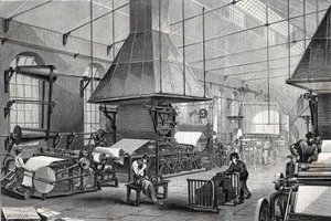 The machinery room of a stationery. Engraving av Unknown artist