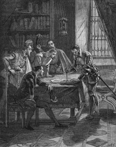 Marechalen fra Vieilleville plantet dolken sin i et patent der kongen av Frankrike Henry II (1519-1559) ga ham og de fem herrene som var tilstede i rommet rett til konfiskering av alle lånehaier og lutherianere i Guienne, Limousin, Quercy og S av Unknown artist