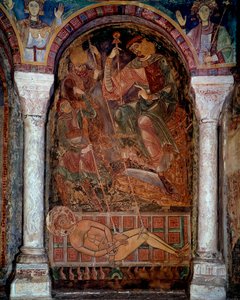Martyrdøden til Saint Laurent (210/220-258) døde på grillen, freske av byen Berze. 1000-tallet. Chapel of the Moines, Berze la Ville av Unknown artist