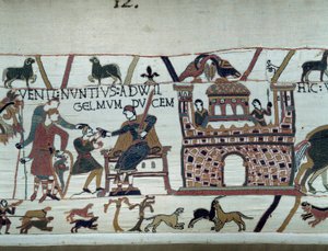 Sendebudene til kongen av Normandie Vilhelm Erobreren (1027-1087) informerte ham om at Harold, som kom fra England på vegne av kong Edvard Bekjenneren av England, ble tatt til fange av grev Guy de Ponthieu. Detail of the Tapestry of Bayeux eller Emb av Unknown artist
