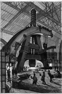 Metallindustrien: Smia. Creusot-damphammeren (trommeslagerhammeren) som installert i Schneider- og Compagnie-fabrikkene. Gravering i "" La Nature"" av Unknown artist