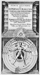 Mikrokosmos og makrokosmos - Allegorisk representasjon av menneskets posisjon i universet (mennesket av vitruva): forholdet mellom mennesket (mikrokosmos) og makrokosmos symboliserer ved sfærene til solen, månen og planetene, forskjellige temperamenter og  av Unknown artist