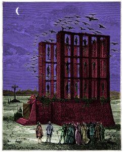 Montfaucon gibet i paris var en steinmasse overbygd av seksten søyler (kallenavnet forks of great justice, lokalisert nordøst for paris), gravering fra 1800-tallet av Unknown artist