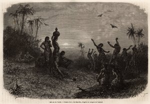 Måneskinnsballen, som avslutter 18-årsjubileumsseremonien og bryllupet til en ung indisk mann fra Rio Verde (Brasil). Gravering for å illustrere reisen til New Granada, av Dr. Saffray, i 1869, publisert i "" Le tour du monde""" 1873, redigert av av Unknown artist