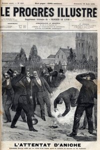 Morderen Clement Decoux er offer for sitt angrepsforsøk på Emile Vuillemin (1822-?), direktør for gruvene i Aniche, som feirer dagen 4. august 1895, hans femtiårsjubileum i spissen for kullproduksjonen - gravering i «Le Progres» illust av Unknown artist