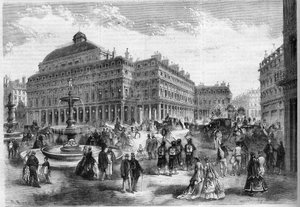 Det nye stedet for det franske teateret (Comedie Francaise) med fontenene projisert ved Palais Royal (Palais Royal) i Paris. Gravering i "" L'univers Illustrée"" av Unknown artist