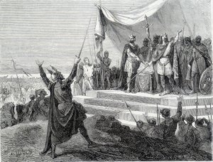 Eden til de to brødrene før deres rustning: Karl II den skallede og Ludvig II den germanske avlegger eden mot Lothaire I (Eden fra Strasbourg 842). Gravering av 1800-tallet. av Unknown artist