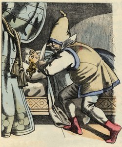 Trolden kutter hodet til de syv døtrene sine og tenker på å drepe den lille Poulet og brødrene hans. Illustrasjon av historien "" Le Petite Poucet"" av Charles Perrault av Unknown artist