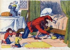 Ogre oppdager barna. Illustrasjon for "" Le Pepetit poucet"", fortelling av Charles Perrault (1628-1703), fransk forfatter. Anonym illustrasjon. Bilder Marcel Vagne, Jarville Nancy, udatert (slutten av 1800-tallet). av Unknown artist
