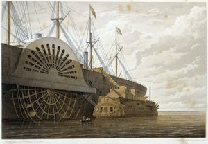 Den gamle fregatten med sin kabelfrakt langs "" GreatEastern"" ved Sheerness - i "" The Atlantic telegraph"" av W. H. Russel, ca. 1860 av Unknown artist