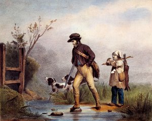 Passasjen har jegere som krysser et vassdrag til fots. Litografi av 1800-tallets Gien, jaktmuseum av Unknown artist