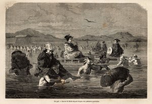 Passasjen til en gjest, med presentasjon av modusene for å frakte passasjerer og bagasje. Gravering for å illustrere reisen til Japan, i 1863-1864, av Aime Humbert, minister for det sveitsiske konføderasjonen, i "" Le tour du monde, nouveau journal des voy av Unknown artist