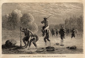 Passasjen til gue, Siriniris-indianerne, foreslår spontant å videreføre ekspedisjonens medlemmer for å få dem til å krysse dammene dannet ved foten av Mount Basiri (Peru). Gravering pour illustrrer le voyage dans les vall av Unknown artist