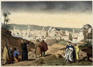 The pelerins arrive at the city of Jerusalem. Anonymous engraving from the middle of the 19th century - in “” Grand Catechism of Families””. av Unknown artist