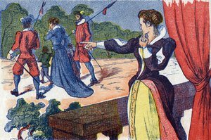 Dronningens mor har dronningen og barna hennes innelåst. Anonym illustrasjon for "La belle au bois dormant", fortelling av Charles Perrault (1628-1703), fransk forfatter. Bilder Marcel Vagne, Jarville Nancy, udatert (slutten av 1800-tallet). av Unknown artist