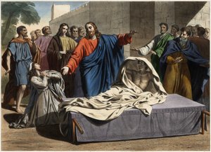 The resurrection of the son of the widow of Naim: Jesus Christ resurrects the only son of the widow. Engraving from the middle of the 19th century. av Unknown artist