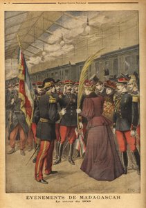 Returen av oberst Brice Bizots 200. regiment (1848-1929) til Port Vendor, hvor damene i Perpignan ga dem en trefarget palme for å feire deres heltemot. Gravering i "" Le petit journal"" 5/01/1896. Selvas samling. av Unknown artist