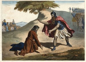 The return of Jacob and his meeting with Esau - Jacob returns to Canaan Land with his wives and children: he meets his brother Esau. Engraving of the half of the 19th century. av Unknown artist